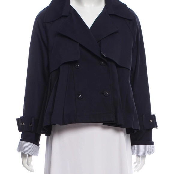 Sea New York Navy Swing Trench Jacket Cropped, Double-Breasted w/Pleated Accents - Picture 1 of 14